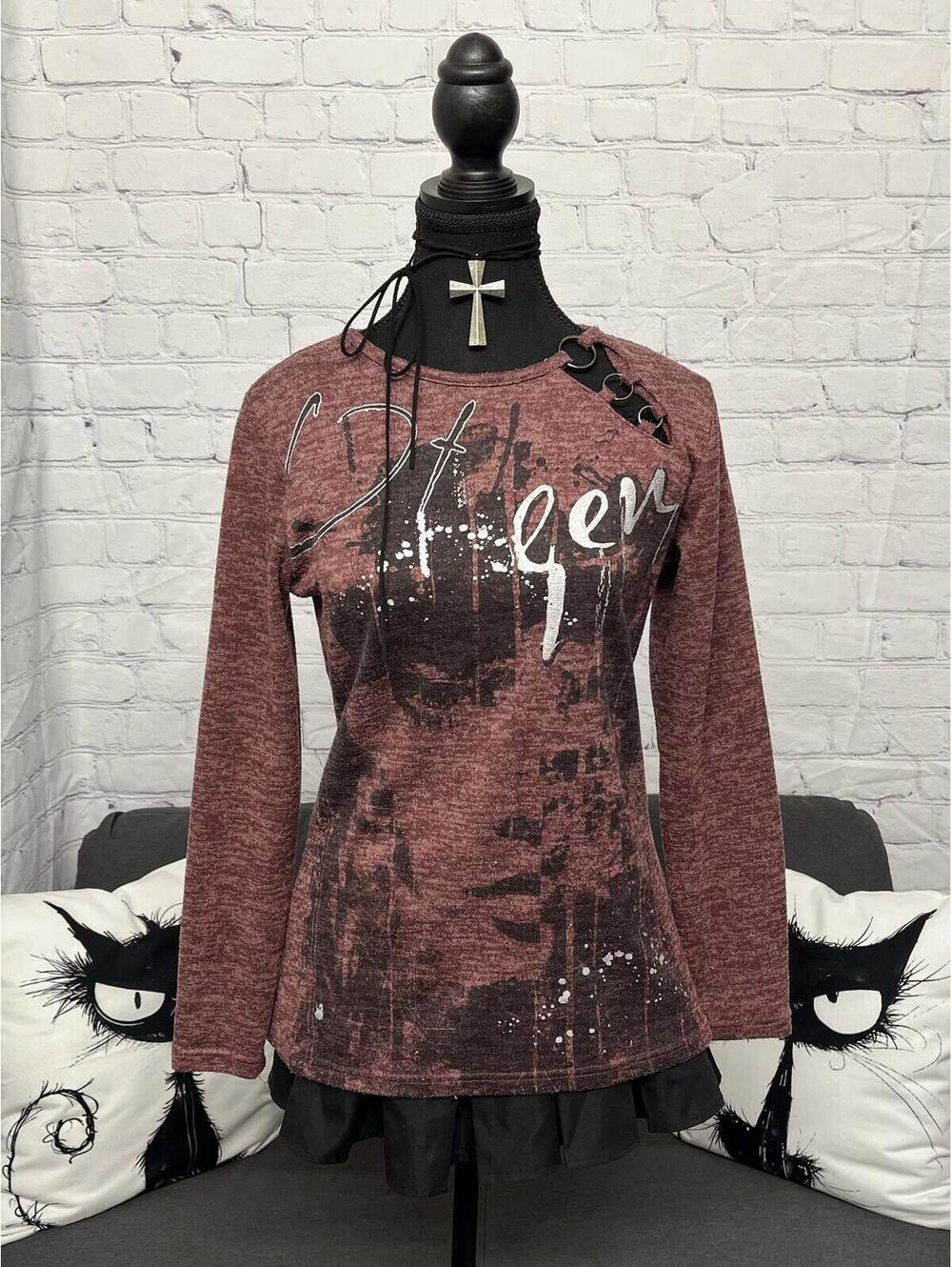 Y2K Oxygen Burgundy Graphic Sweatshirt With Decorative Metal Rings Sz S Grunge